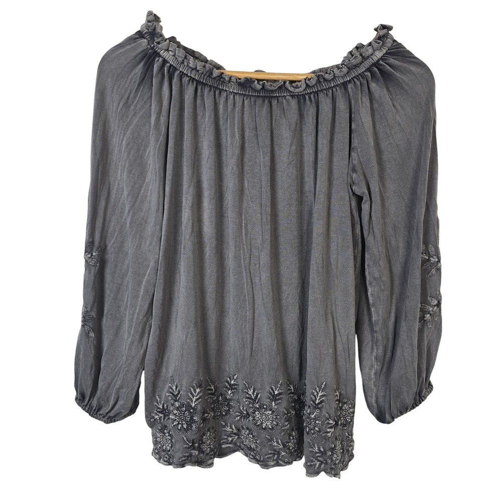 Solitaire Slate Gray Embroidered Peasant Blouse